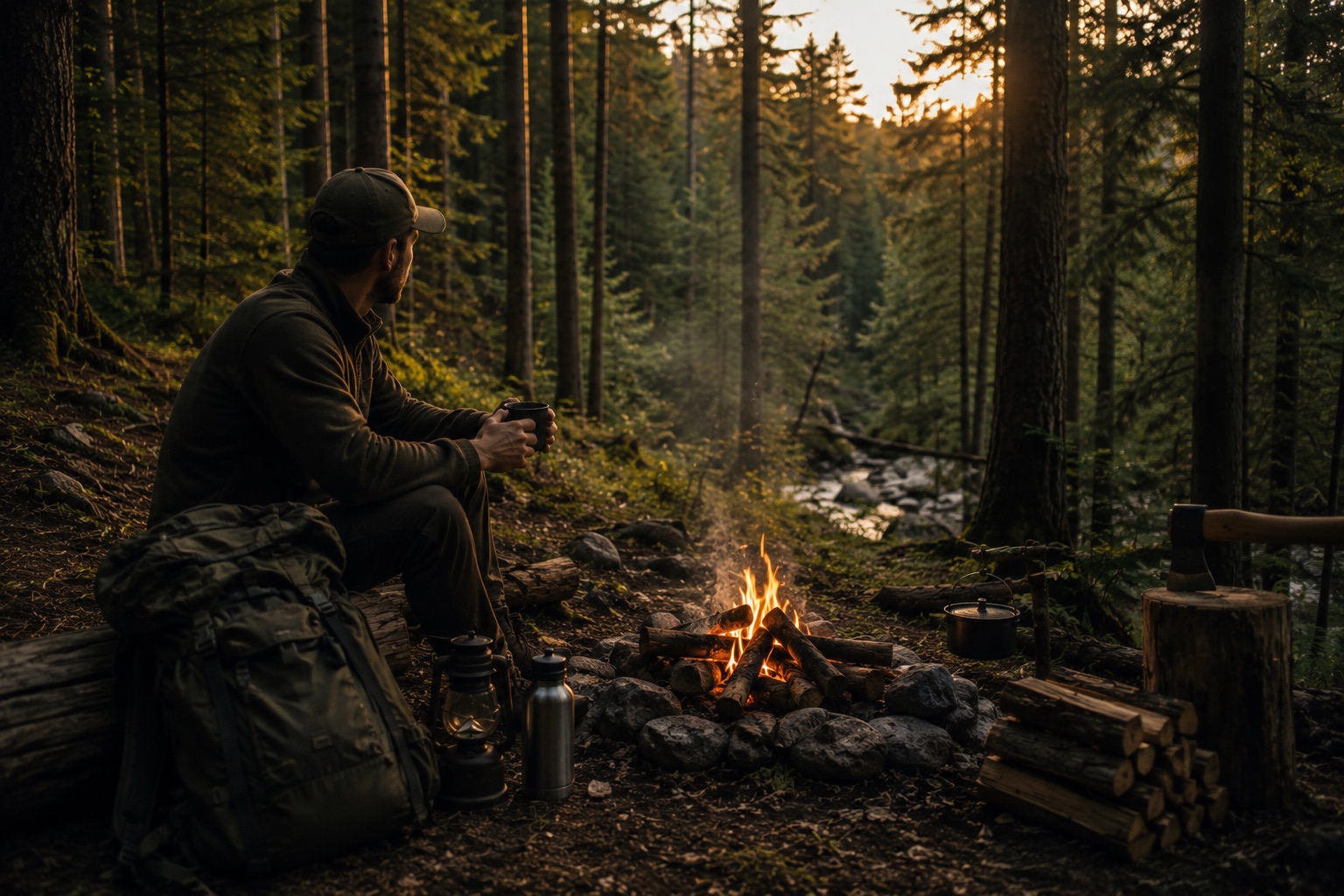 Ruhiges Camp im Wald an einem kleinen Feuer