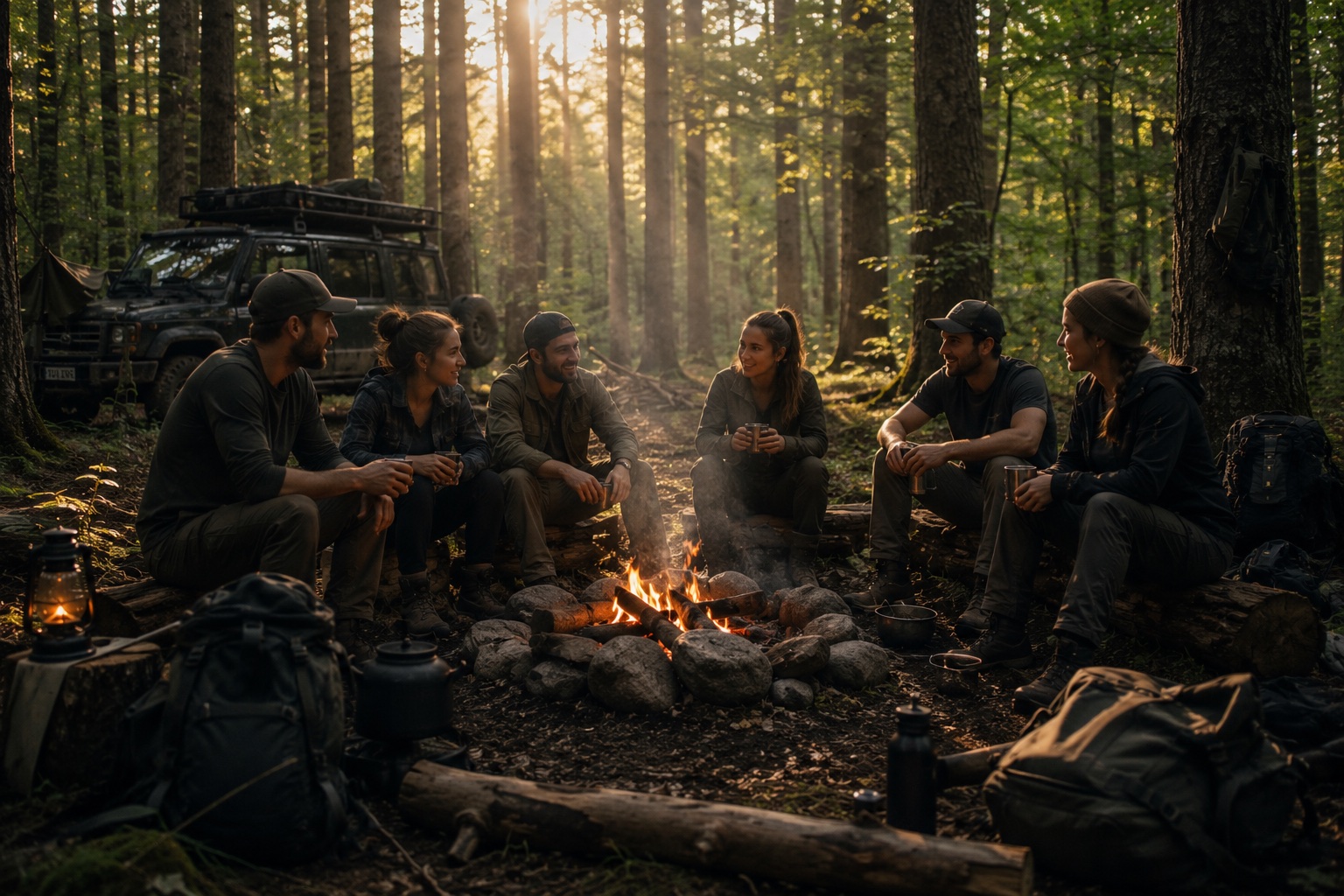 Gemeinsames Camp im Wald im warmen Abendlicht