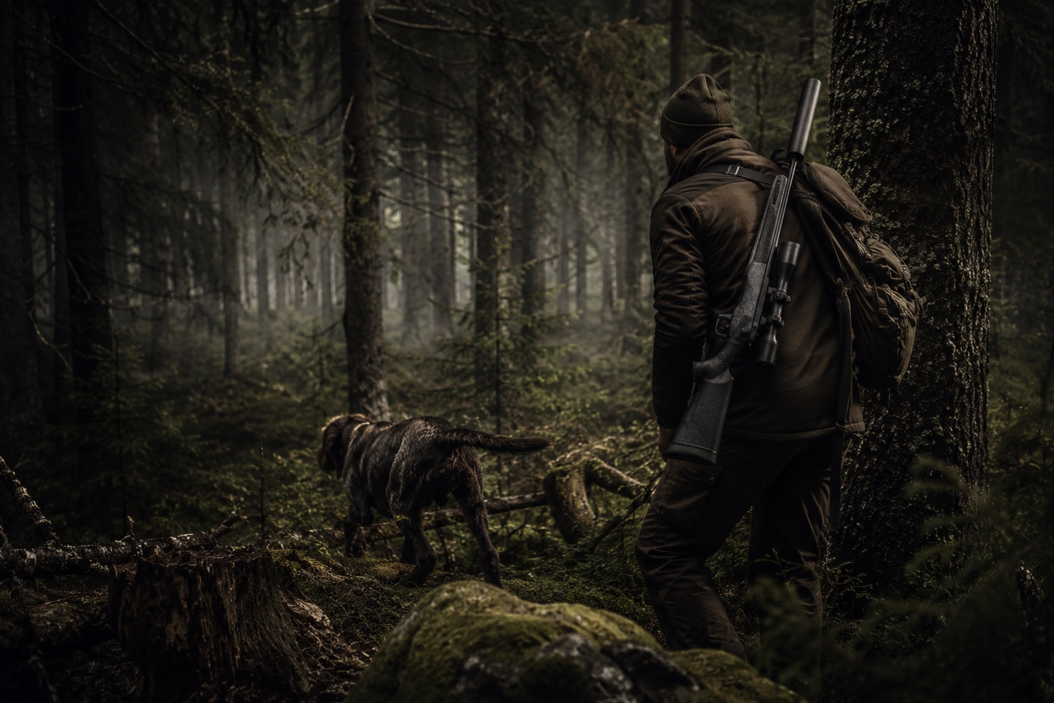 Jäger mit Hund auf leiser Pirsch im Wald