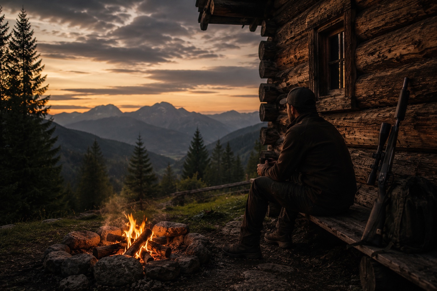 Ruhiger Blick von einer Berghütte in die Abendlandschaft
